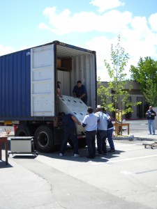 Loading a unit of lockers for shipment.