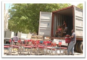 Chairs being unloaded, St. Georges School, Kingston, Jamaica. Does reuse make a difference? You bet it does.